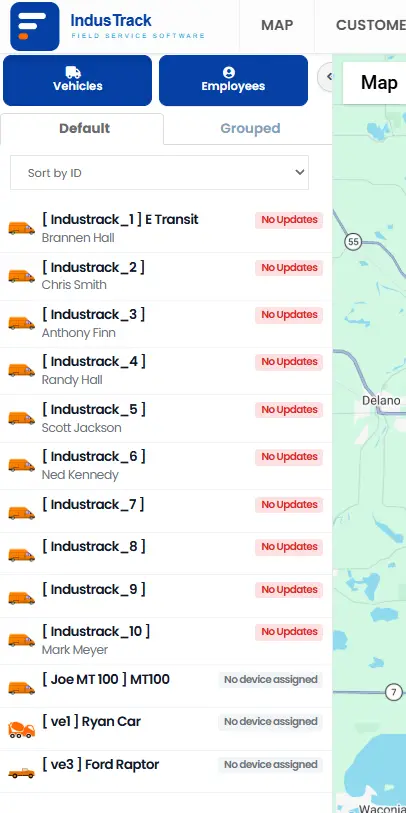Employee names shown on a map in IndusTrack