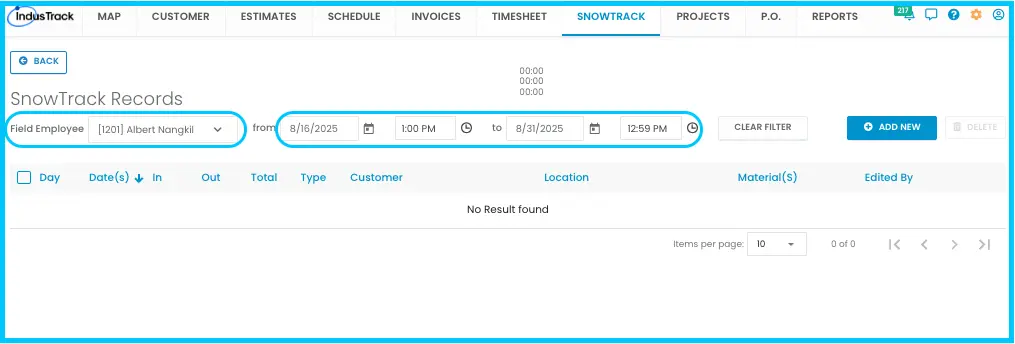 The Field Employee drop-downs and date range in SnowTrack Records
