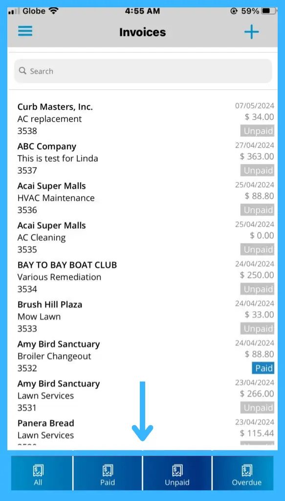The Invoices page with the All, Paid, Unpaid and Overdue tabs