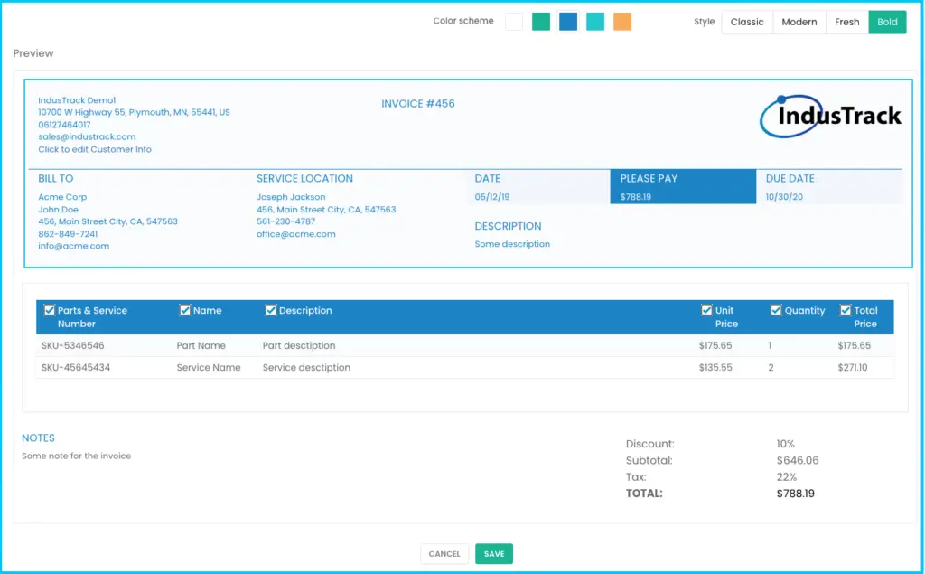 The Header section of the invoice template