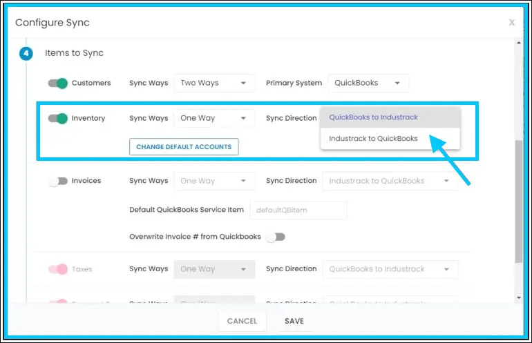 Inventory sync direction options