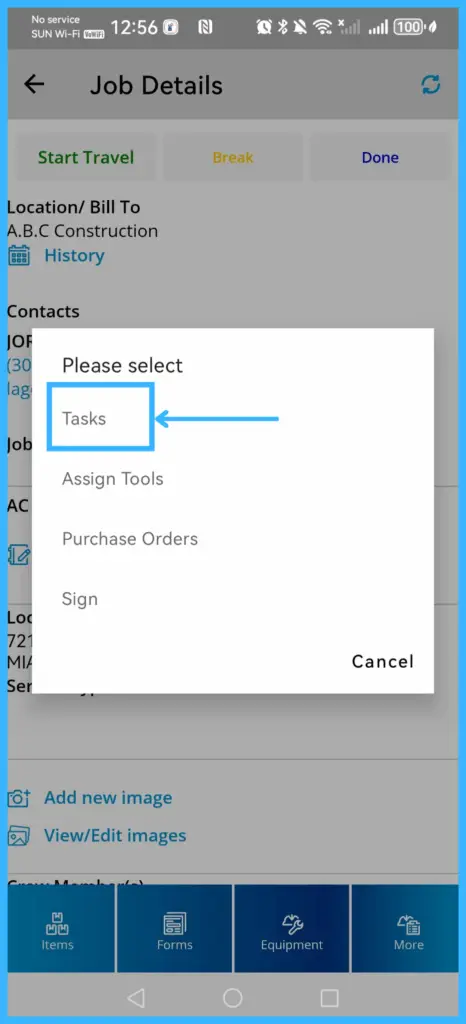 The More menu with Tasks, Assign Tools and Purchase Orders