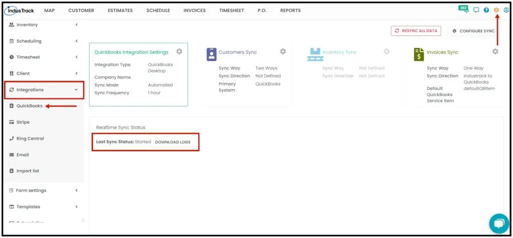 The Download Logs button on the QuickBooks integration page