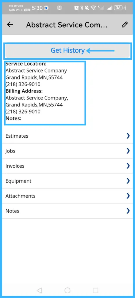 A customer profile with Get History, the service location and billing address