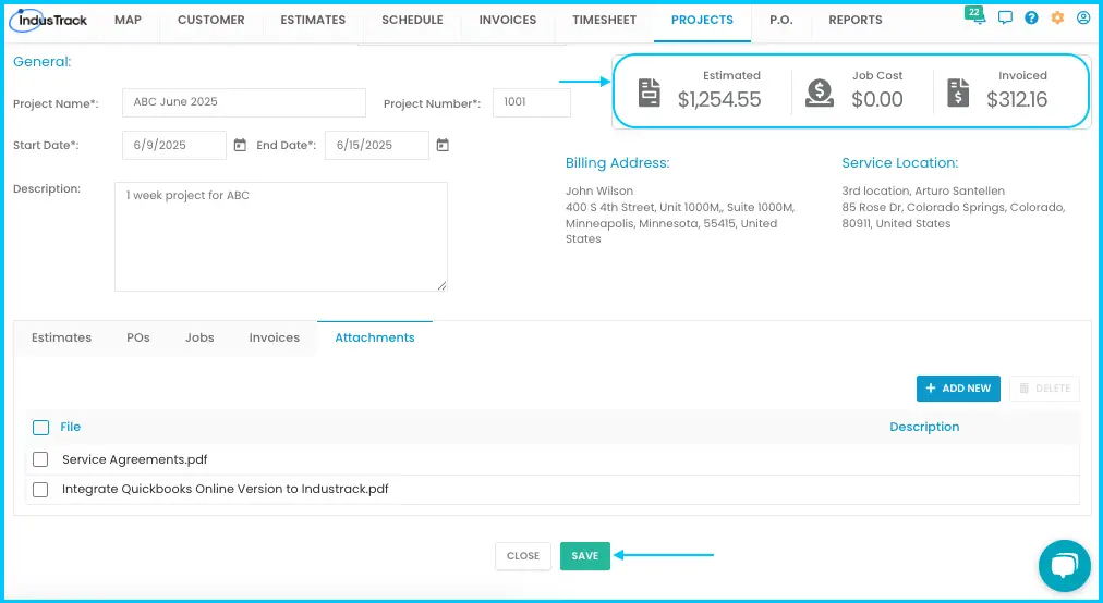 The project dashboard with job costs, invoices, profit and revenue