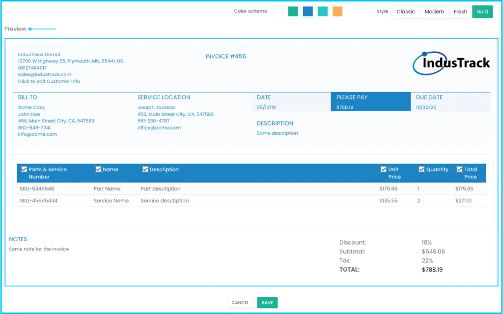 The live Preview of the invoice template