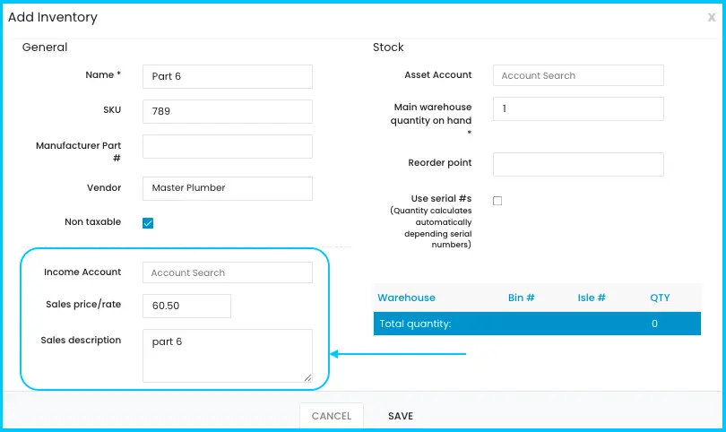 The Income Account, Sales Price / Rate and Sales Description fields