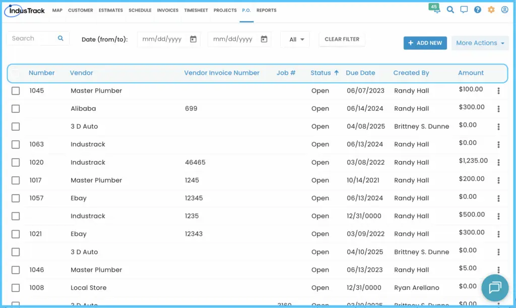 The Purchase Orders list with number, vendor, status, due date and amount columns
