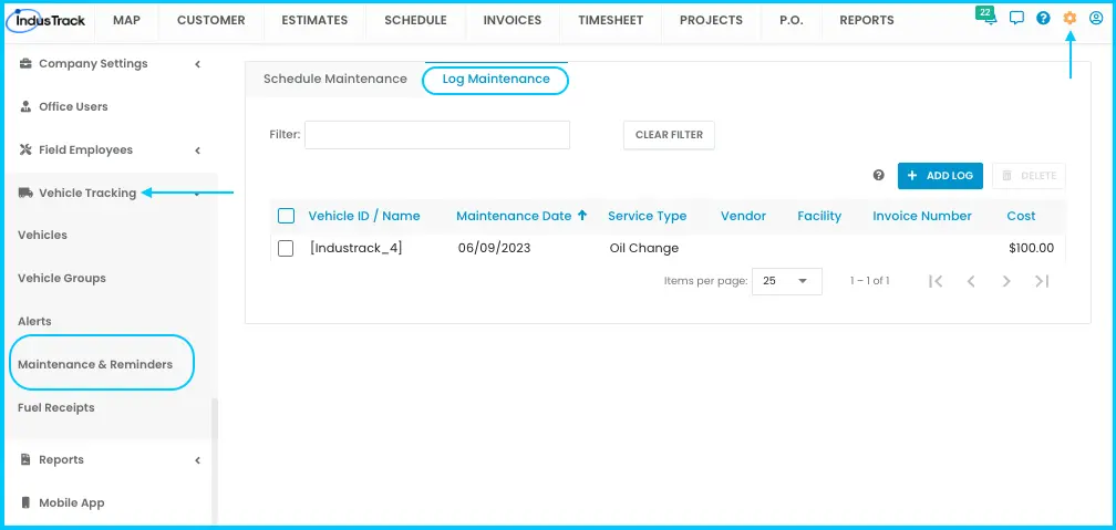 The Log Maintenance tab under Maintenance & Reminders