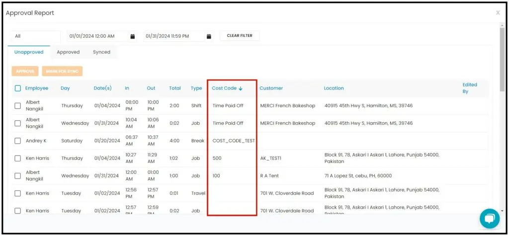 The Cost Code column on the Timesheet Approval page