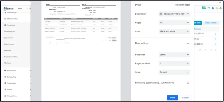 The print preview of a purchase order