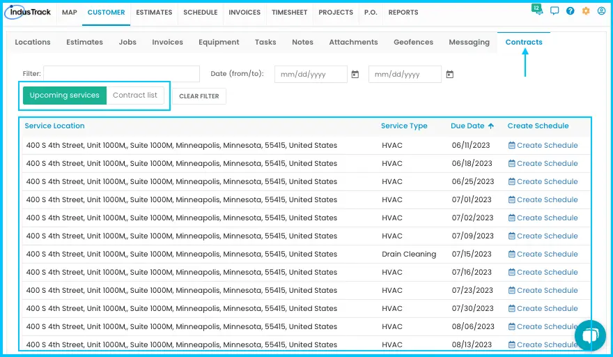 The Contracts tab with Upcoming Services and Contracts List