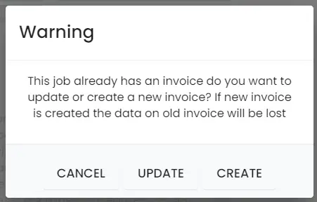 The message asking whether to update the invoice or create a new one