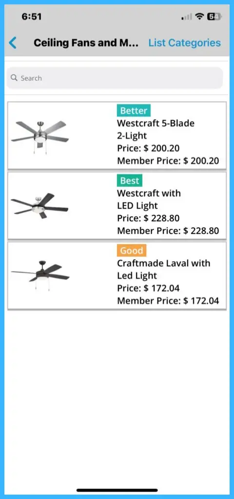 The flat-rate item list with condition, Price, Member Price and List Categories