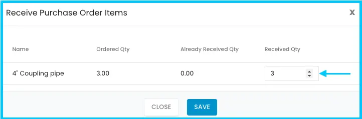 Entering the quantity received for each item