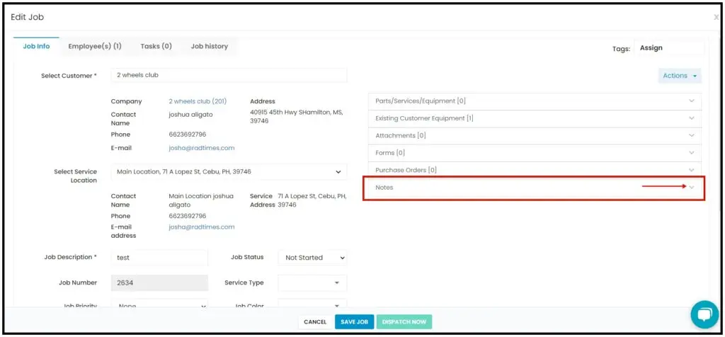 The Edit Job page with the Notes section on the right
