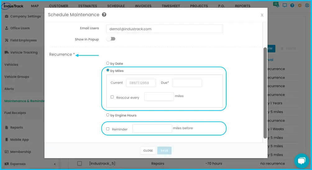 Scheduling a service By Miles, with Recur Every and Reminder