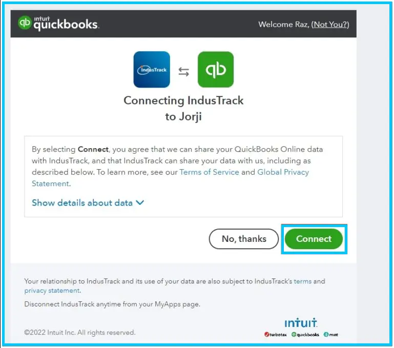 The Connect button on the QuickBooks page