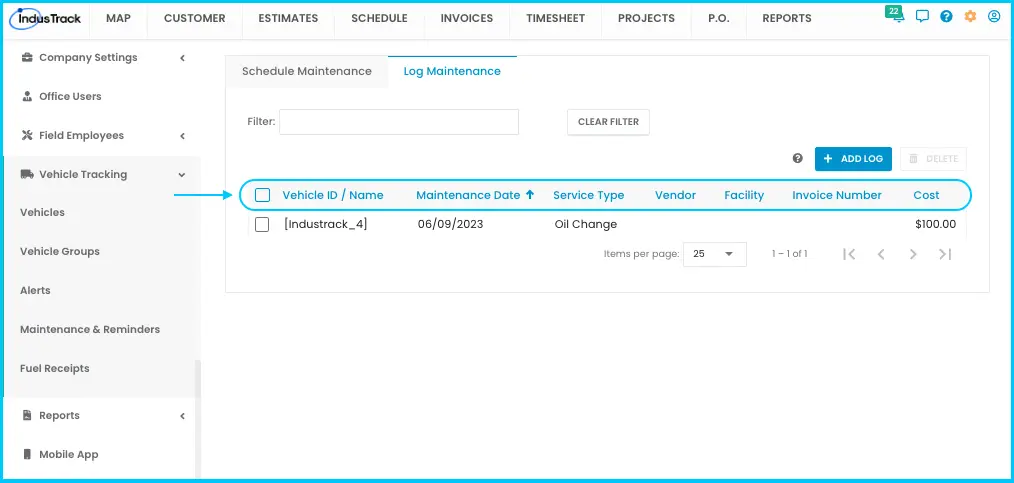 The maintenance log list with its columns