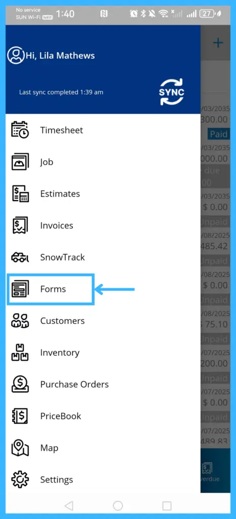 The app menu with Forms