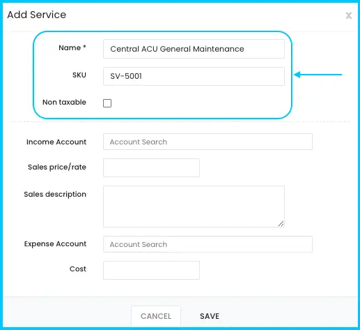 The Name, SKU and Non-Taxable fields for a service