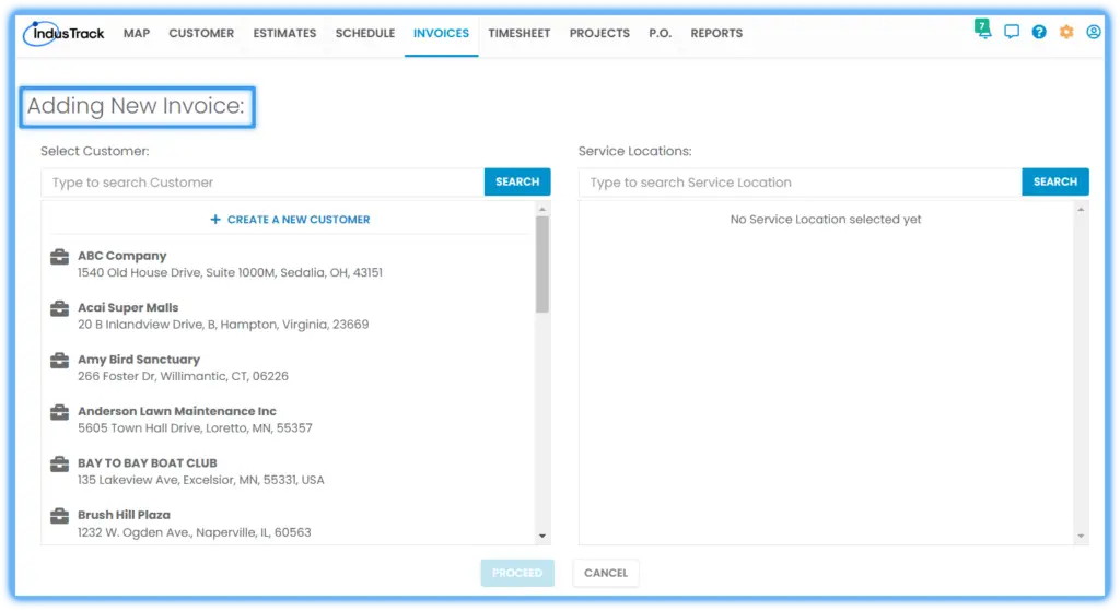 The Adding New Invoice page, where you choose the customer