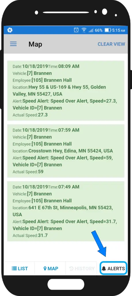 The Alerts screen with safety alerts