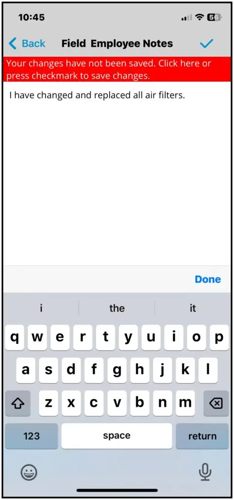The Field Notes tab with the red warning to save notes