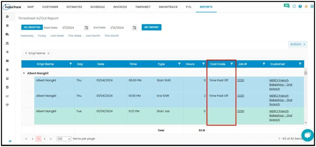 The Cost Code column in a timesheet report