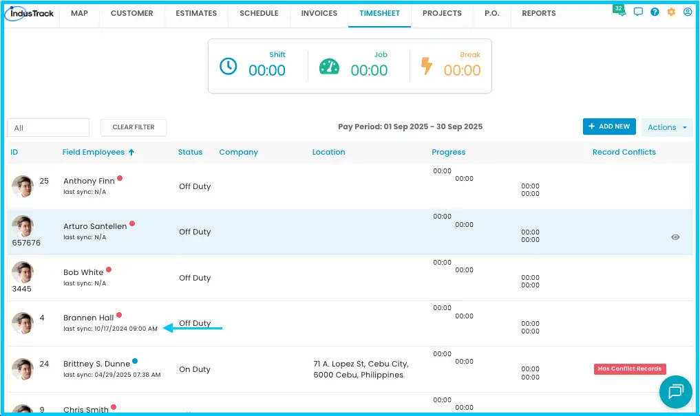 The last mobile app sync time under a field employee's name