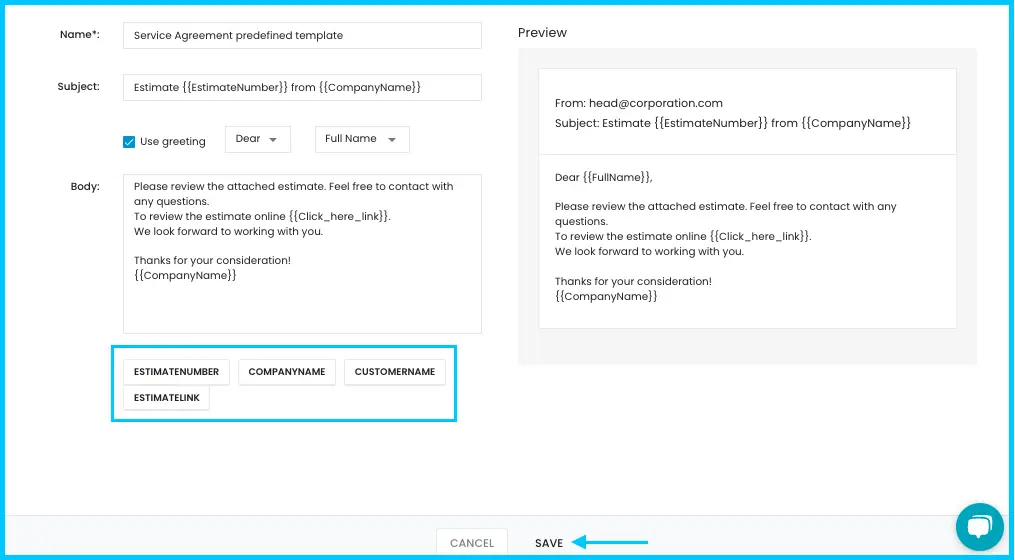 The Service Agreement email template