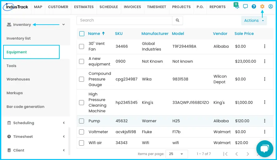 The Equipment page under Settings > Inventory