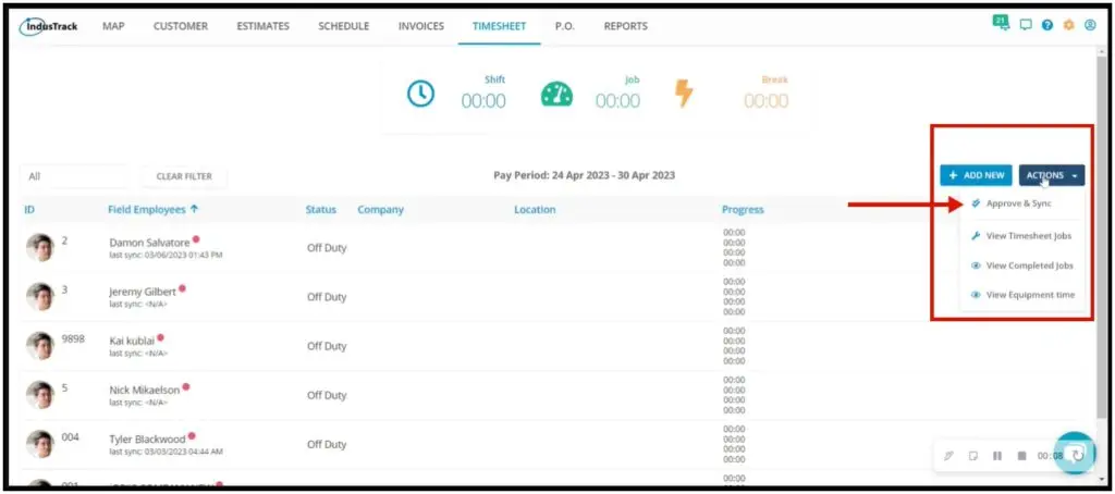 Approve and Sync in the Timesheet Actions menu