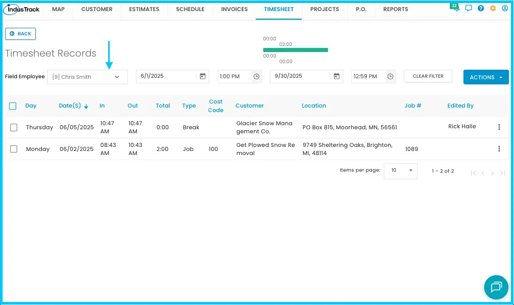 The Field Employee drop-down on the Timesheet page